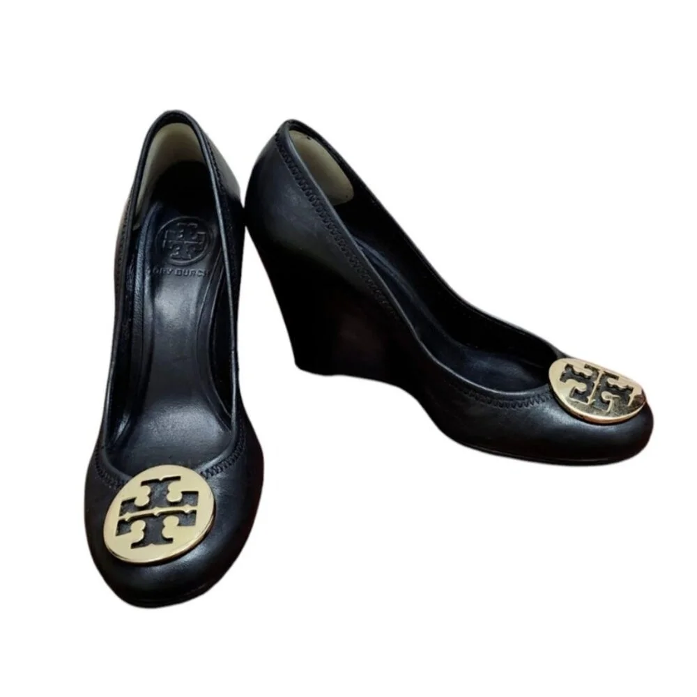 Tory Burch Black Leather Wedge Pumps with Gold Logo